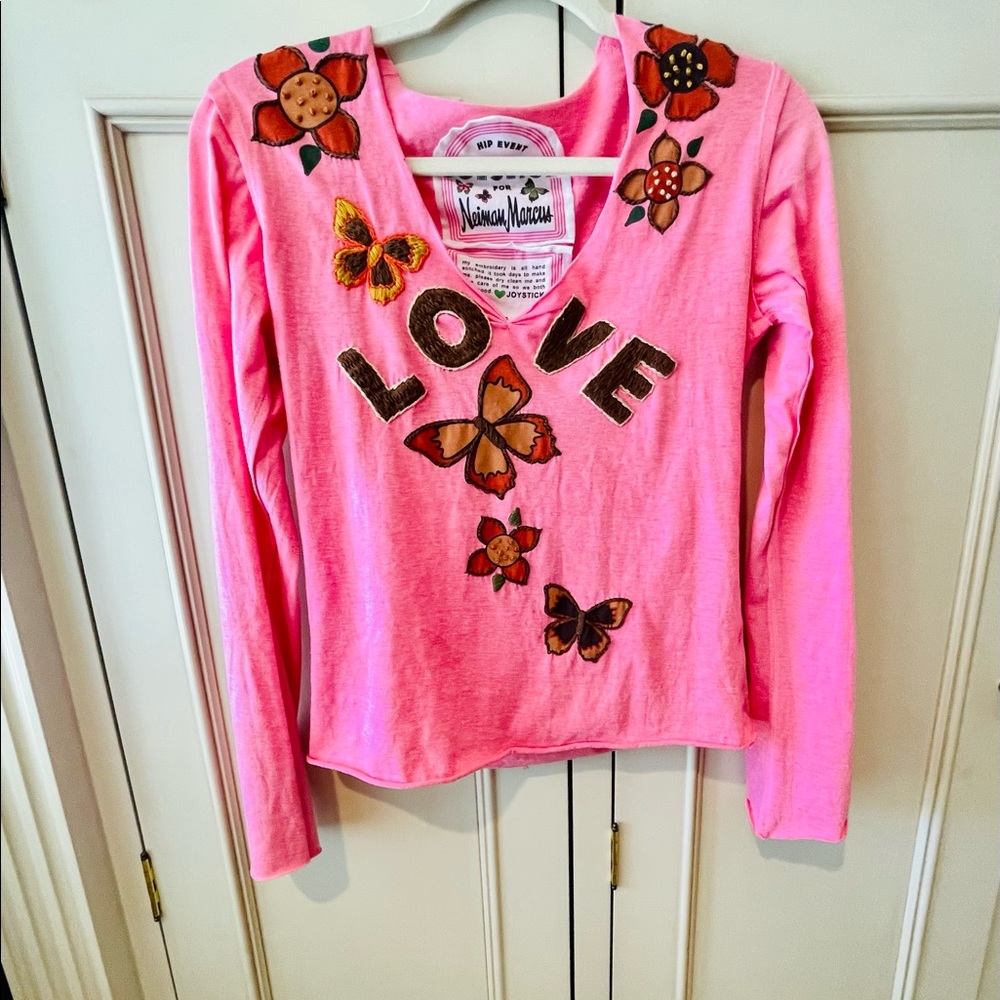 Joystick Pink Long Sleeve flower embroidered top.